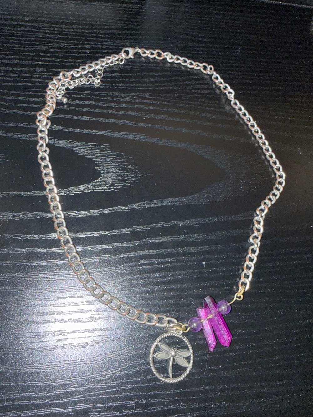 Silver Chain Necklace with Purple Crystal Dragonfly Pendant
